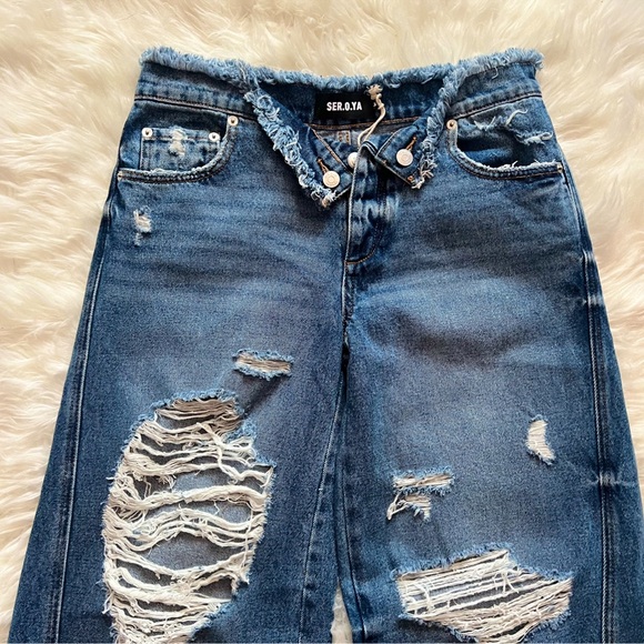 New! SER.O.YA “Ollie” Fold Over Wide Leg Distressed Jeans in Bayside Blue - Picture 8 of 13